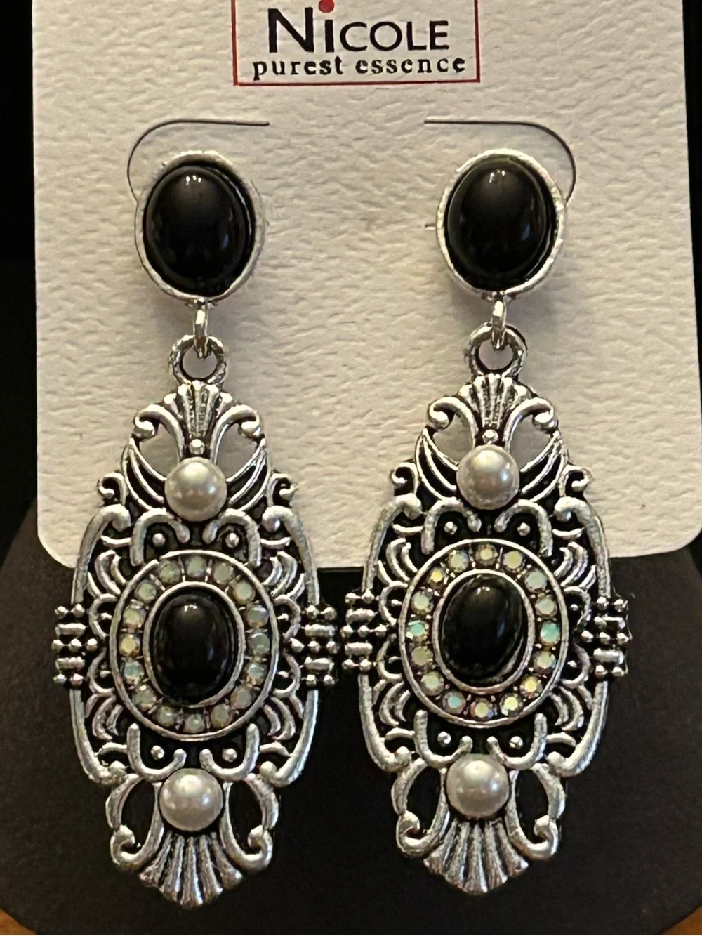 Ornate Black Onyx Faux Stone Filigree Metallic Drop Earrings with Pearl Accents